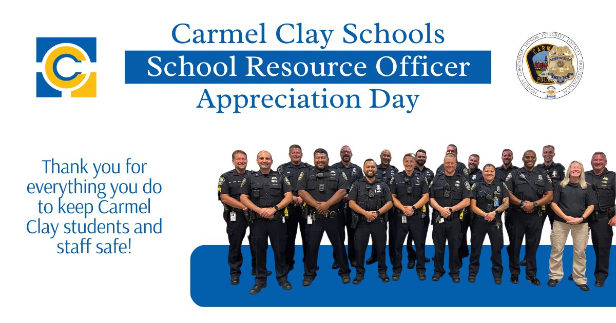 Carmel Clay Schools is fortunate to have a group of specially-trained, dedicated School Resource Officers whose sole purpose each day is to focus on the safety of our students and staff. Thank you for everything you do! #SROsAreValuable
