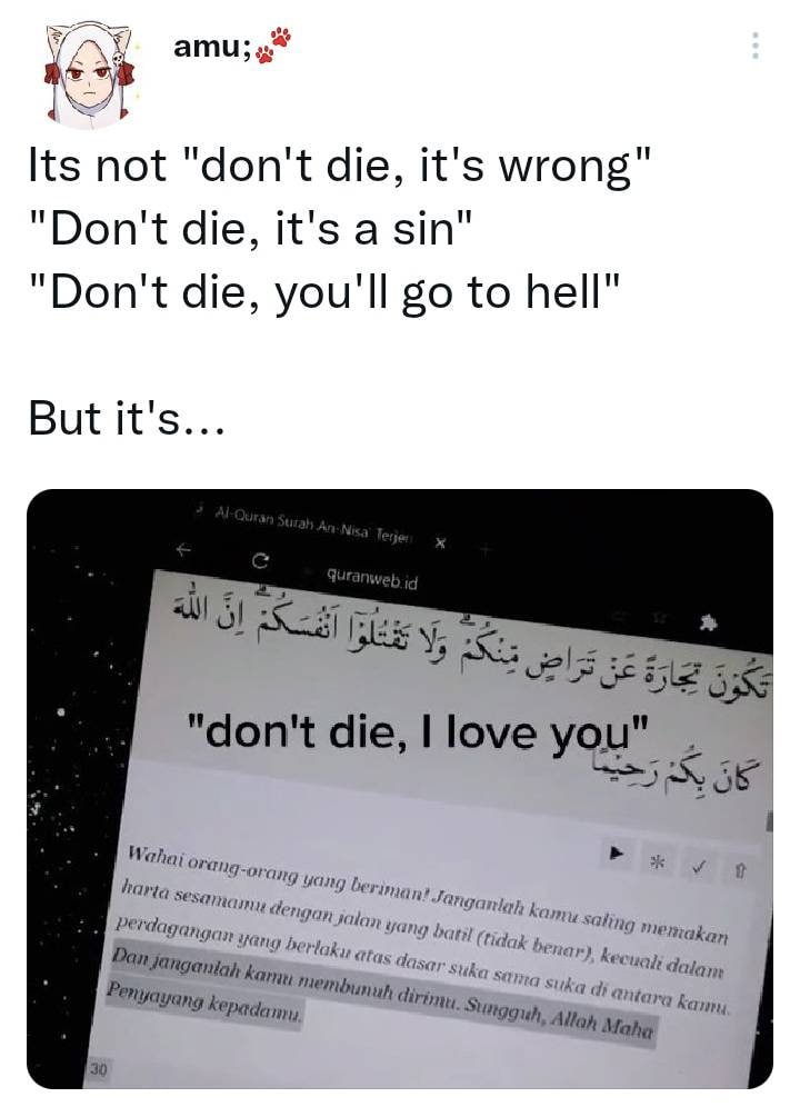 syampaj's tweet photo. @holydiide @tanyarlfes Aku penyintas bunuh diri, salah satu alasan aku bertahan sampai saat ini adalah neraka, aku gamau hidupku sengsara baik didunia maupun akhirat dan aku pernah baca ini dari twitter yang masih aku simpan sampai saat ini https://t.co/McmNxuSpGI
