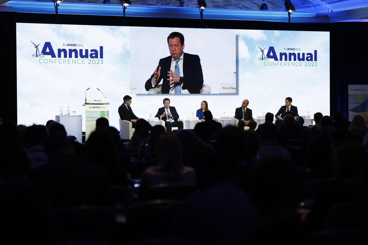WindEnergyIRL's tweet photo. Session 6 – Financing the Climate Action Plan Delivery for Energy – is live with James Delahunt @KPMG_Ireland, Barry O'Regan @sserenewables, Karen Doyle @GasNetIrl, Jim Arigho @AIBIreland and  Éamon Ó Cuív @McCannFitz #WEIconf https://t.co/8KrtyxOB4o
