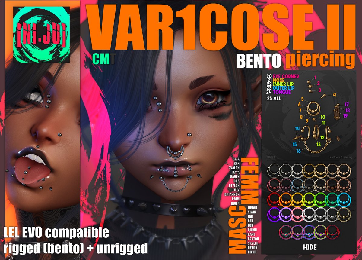 VitaniSL's tweet photo. NEW RELEASE: Var1cose II bento piercings for Lelutka
MP: https://t.co/AMBFplqYzP 
SLURL: https://t.co/3G8CEYGe2P
Your shape will influence how the mesh looks. Try demo first! Unrigged only vendor also available inworld.

Yes, there will be a Tae and PBR update https://t.co/pr9hzYrQgv