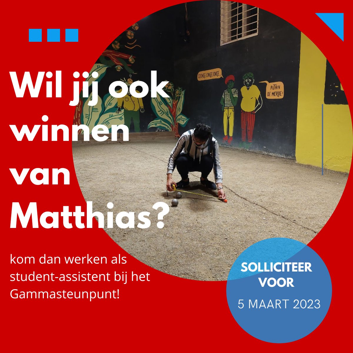 Student-assistent Matthias verloor dik tijdens het laatste teamuitje van het Gammasteunpunt en wil revanche, maar zijn uitdagers studeren af! Dus: studeer je aan @UniGroningenFEB of @rug_gmw? Solliciteer dan snel! Meer info: rug.nl/society-busine…