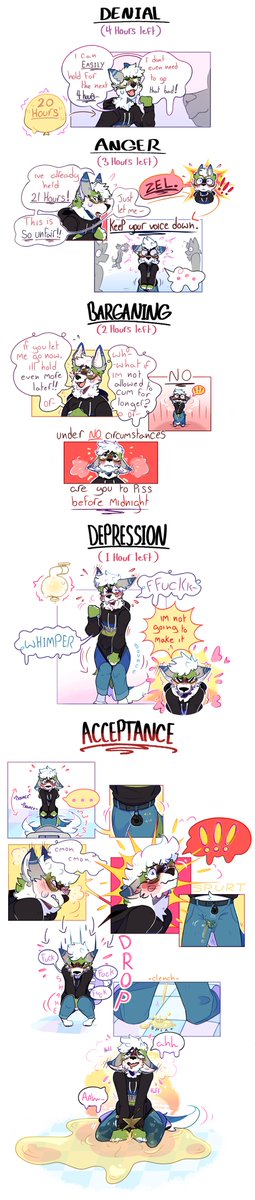 spoke too soon!! my devices stopped working immediately sorry fellas- here’s a commissioned comic for <a href="/Zelenyy_is_AD/">Zelenyy has literally never been horny ever</a> about the five (piss) stages of greif! :) i will respond to everyone’s messages tomorrow!! so so sorry again- other comic updates comin soon