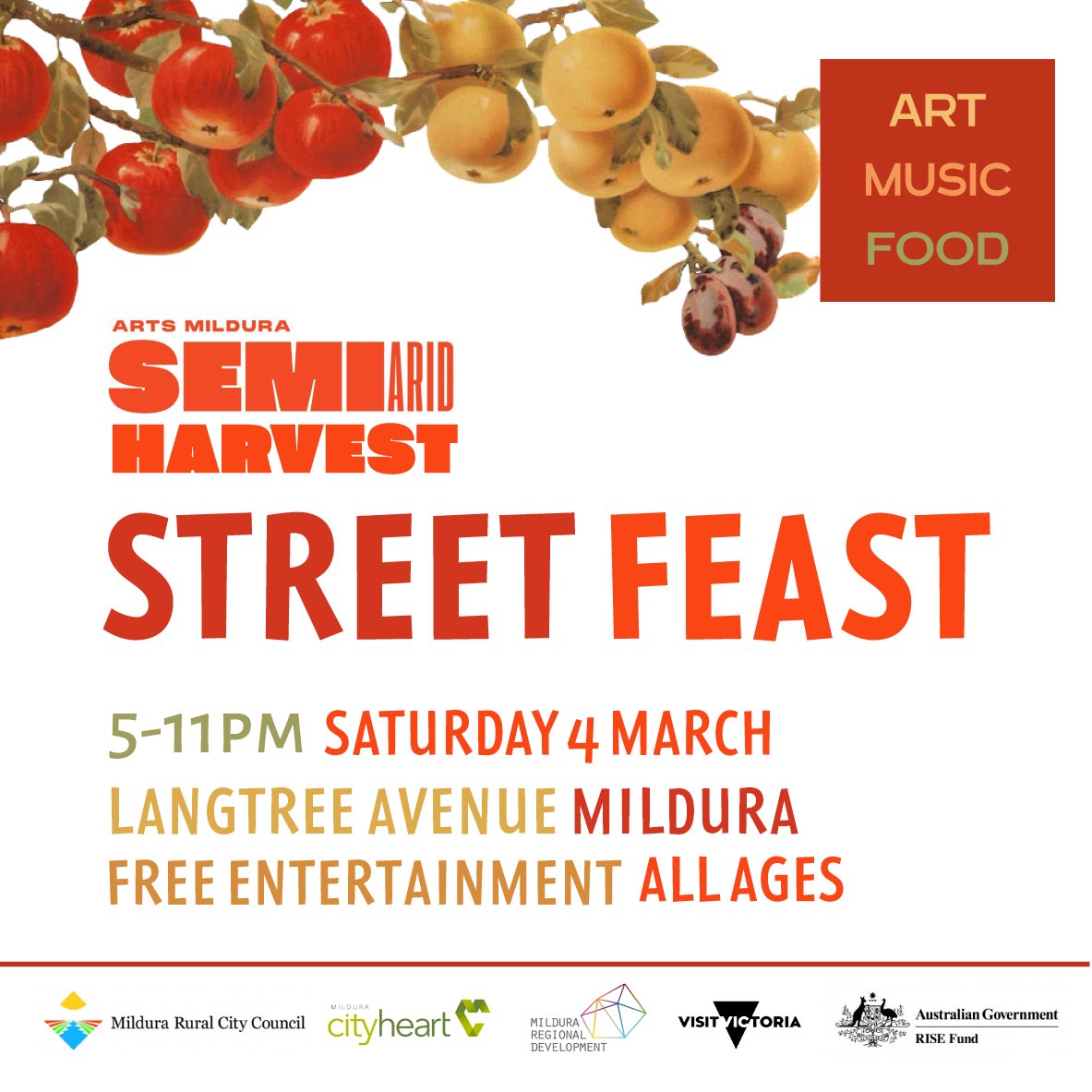 📣Save The Date - Saturday 4 March ARTS MILDURA SemiArid HARVEST Street Feast! Join us from 5pm for free entertainment and a fun family friendly evening on Langtree Avenue <a href="/mildura_city/">Mildura City Heart</a> <a href="/MilduraRegion/">Mildura Region</a> #mildura 

artsmildura.com.au/event/semiarid…