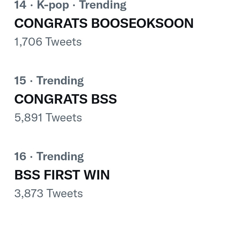 CaratLandPH's tweet photo. LOOK: As of 7PM PHT, BSS' 1st win for 'Fighting' takes up 6 SPOTS on the Twitter Philippines trends! 🤯👏 What a night for our @pledis_17 trio!

1. #Fighting1stWin
2. #BSS1stWin
9. Congratulations BSS
14. CONGRATS BOOSEOKSOON
15. CONGRATS BSS
16. BSS FIRST WIN https://t.co/SCAEWGC8E2