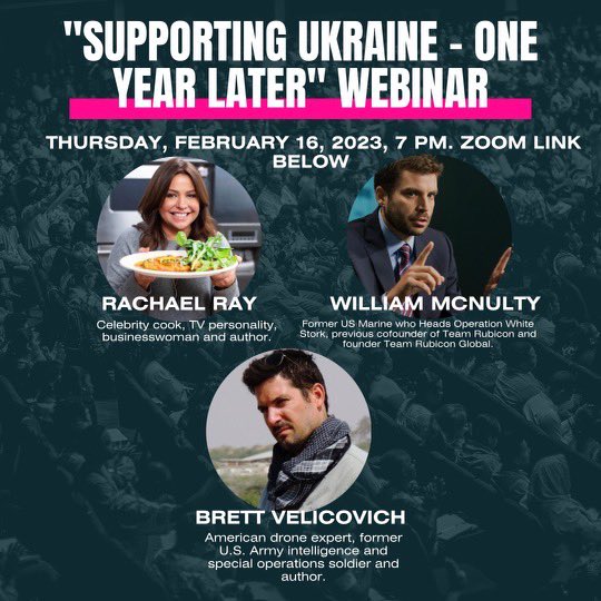 Join me tomorrow at 7 pm ET alongside celebrity chef @rachaelray and drone chef @TheDroneWarrior for a discussion about the Russian war in Ukraine one year on. Hosted by @UkrCongComAm. Zoom link: us02web.zoom.us/webinar/regist…