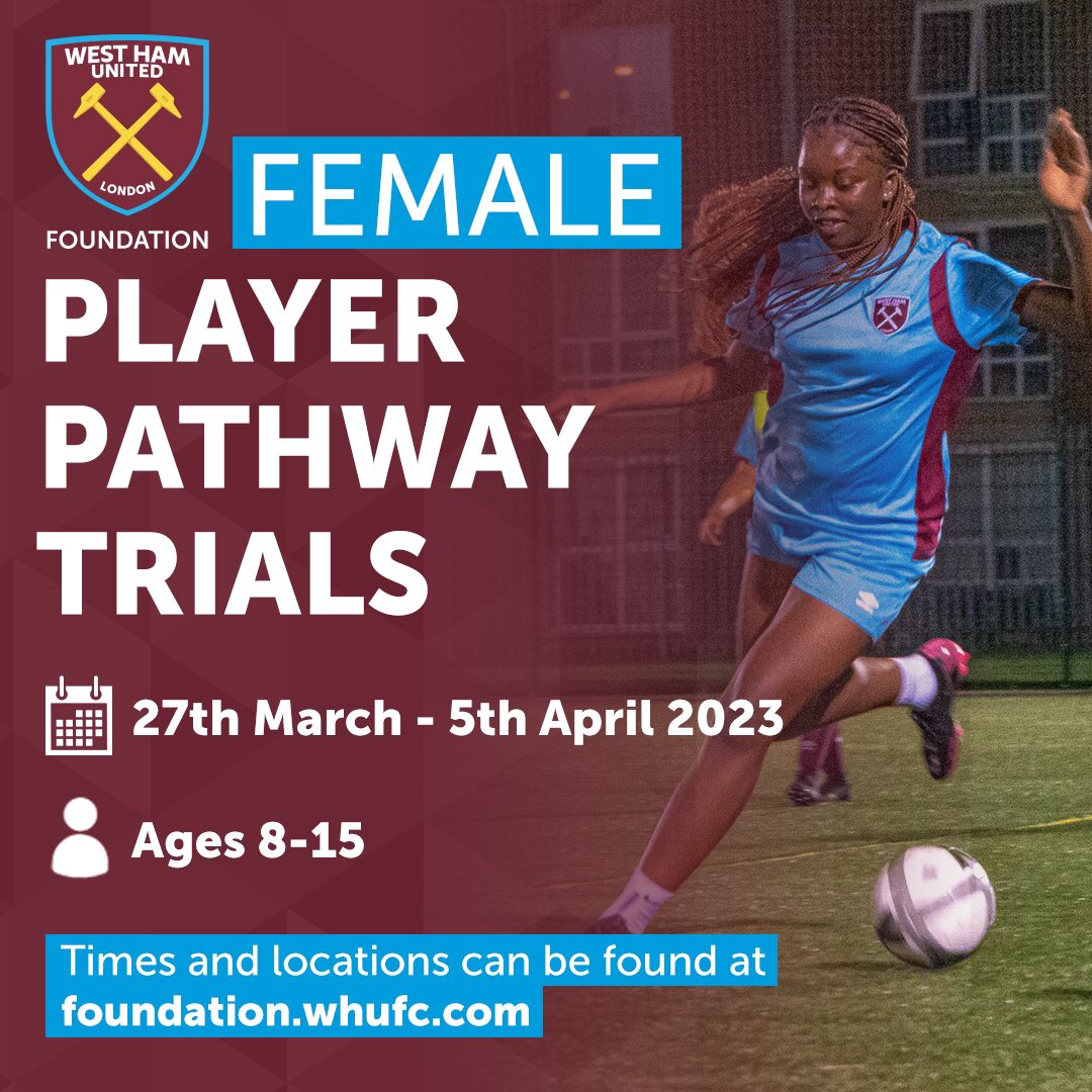 WHUFoundation's tweet photo. Our #PlayerPathway trials for the 2023/24 season are now live for booking!

Head to the link below for more information on dates, venues and how to sign up 👇 

🔗 https://t.co/lwA9JMcVOQ https://t.co/VWtTeB0Xr9