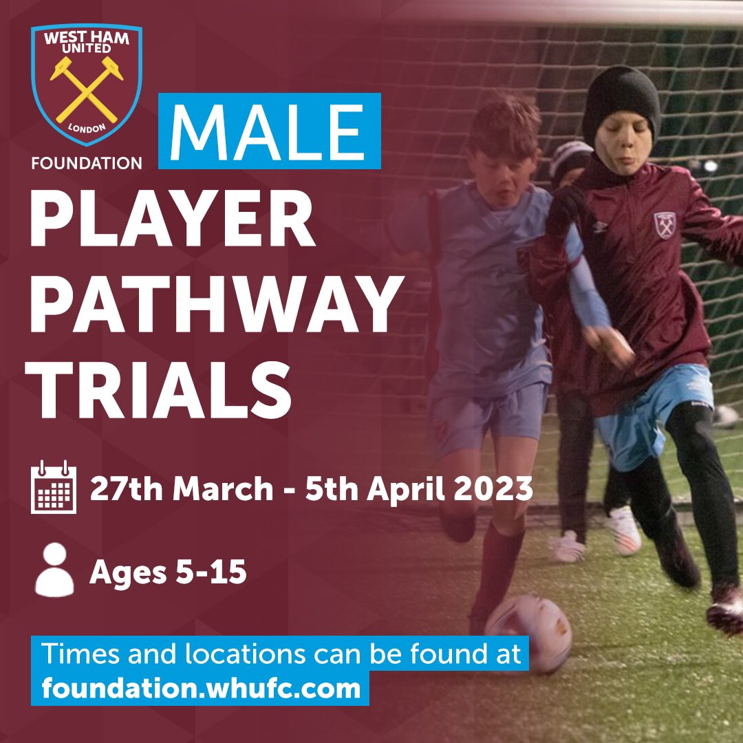 WHUFoundation's tweet photo. Our #PlayerPathway trials for the 2023/24 season are now live for booking!

Head to the link below for more information on dates, venues and how to sign up 👇 

🔗 https://t.co/lwA9JMcVOQ https://t.co/VWtTeB0Xr9