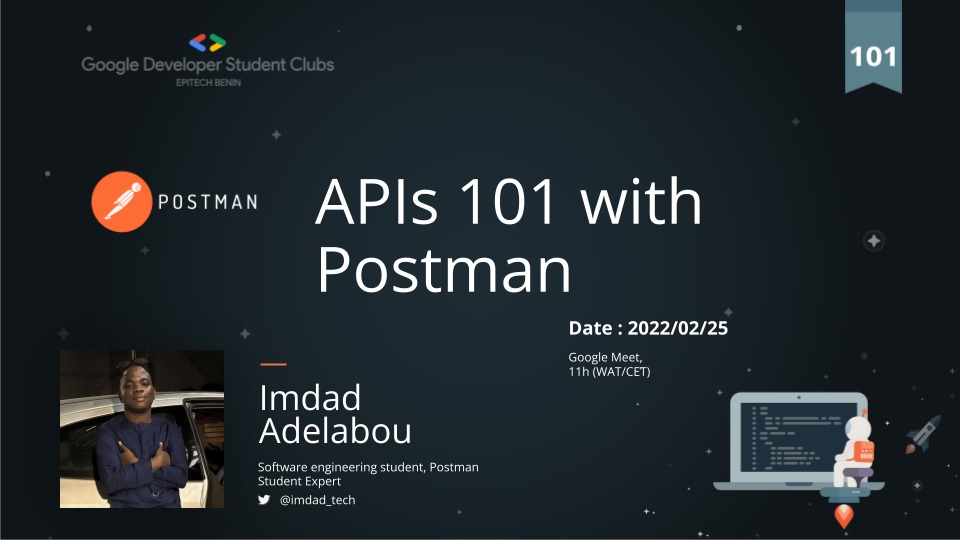 gdscepitechbj's tweet photo. So amazing community 👋🏾

Compte annoncé, nous vous invitons tous à suivre un event special sur les APIs 101 en utilisant Postman.
Il se tiendra en ligne ce 25 Février à 11h 🧑🏾‍💻👨🏾‍💻✨✨✨
Inscrivez-vous via ce lien :
https://t.co/1Z7S3pOF6h https://t.co/QA3qqShHkG