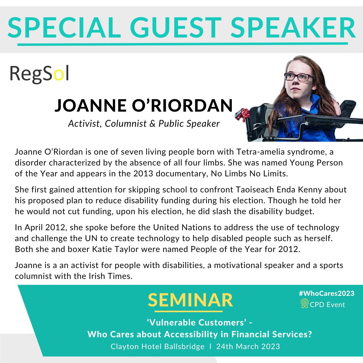 regsolireland's tweet photo. We are excited to introduce our very Special Guest speaker for our Vulnerable Customers’ Seminar on the 24th of March 2023! @JoanneOR_Ox #WhoCares2023 #CPD 

Use discount code EARLY50 to get 50% off the standard ticket price (€100)! Early Bird ends 24 Feb https://t.co/RZPD2oXhh0 https://t.co/dwXHN2T95i