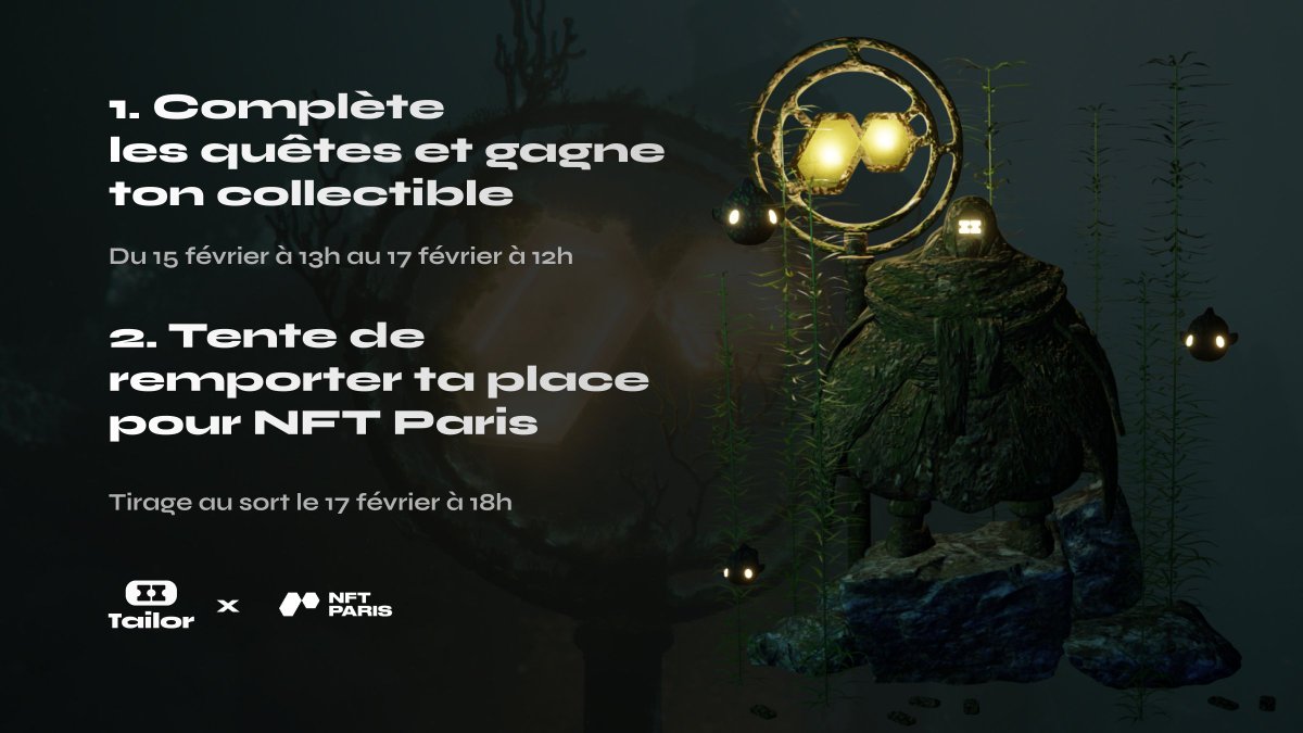 tailor_nft's tweet photo. Tailor sera présent au @nft_paris 🤩 (stand n°28 👀)

Et pour l'occasion...

Plongez dans les abysses 🌊
Complétez vos quêtes 📙
Et obtenez un collectible exclusif !🗿

Les plus chanceux repartiront avec une place pour le NFT Paris 🕯

➡️ https://t.co/q8UvXP4SrS ⬅️ https://t.co/KXJESVBkUQ
