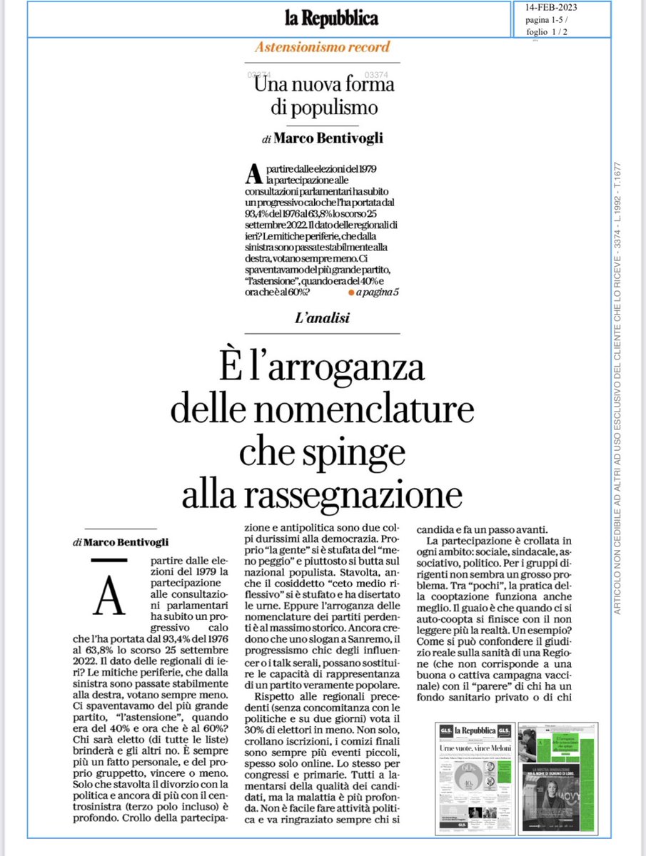 BentivogliMarco's tweet photo. Se ne parlerà al massimo per qualche ora ma quando il 60% sta a casa,
non c’è solo un problema di qualunquismo. 
Si ha come l’impressione che la bassa  partecipazione piuttosto che un dramma per la democrazia, sia un’opportunità per la nomenclatura. 
#elezioniregionali2023 https://t.co/PZAkvjKdWz