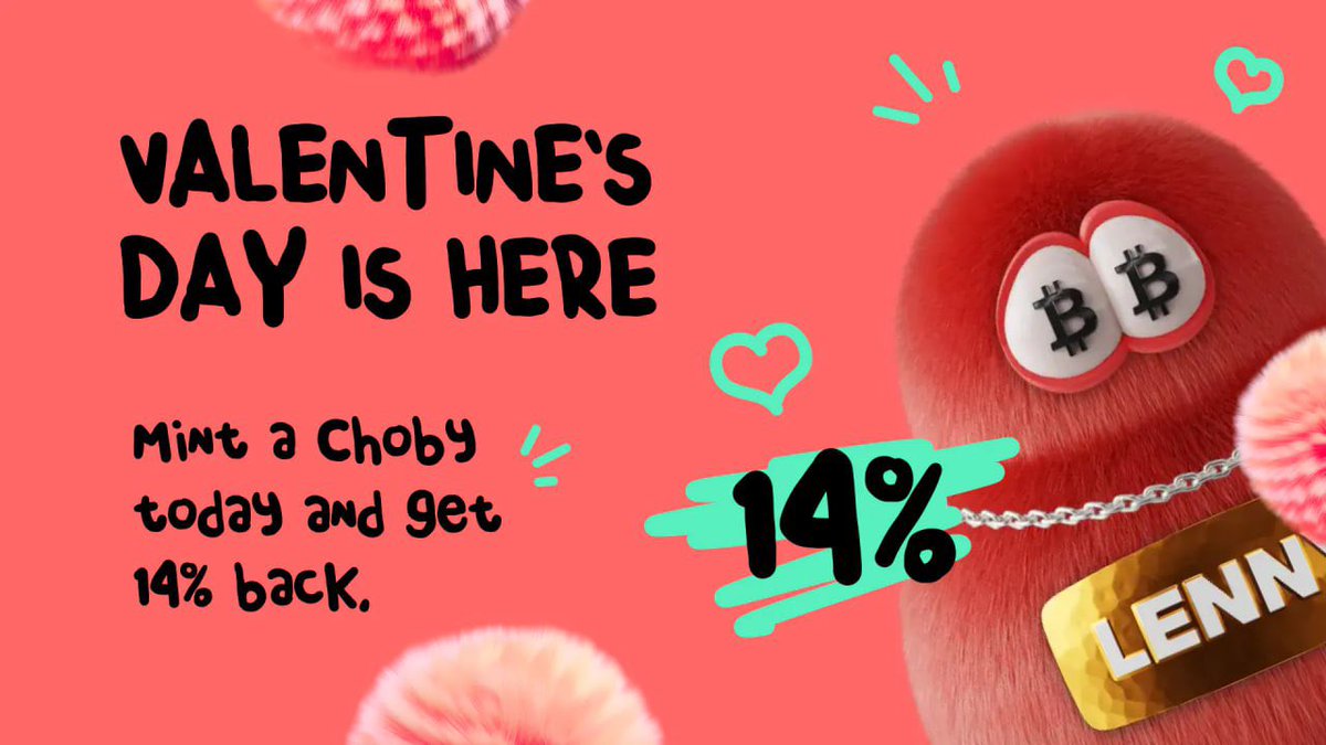 Mint a Choby today and get 14% back. Be generous with your affection and present Chobies to all your loved ones to receive up to 40% cashback.

1 Choby — 14%
2 Chobies — 14%
3 Chobies — 15%
4 Chobies — 20%
10 Chobies — 40%

Mint your Choby here 👉🏻 nto.choise.com/?utm_source=tw…

#nft