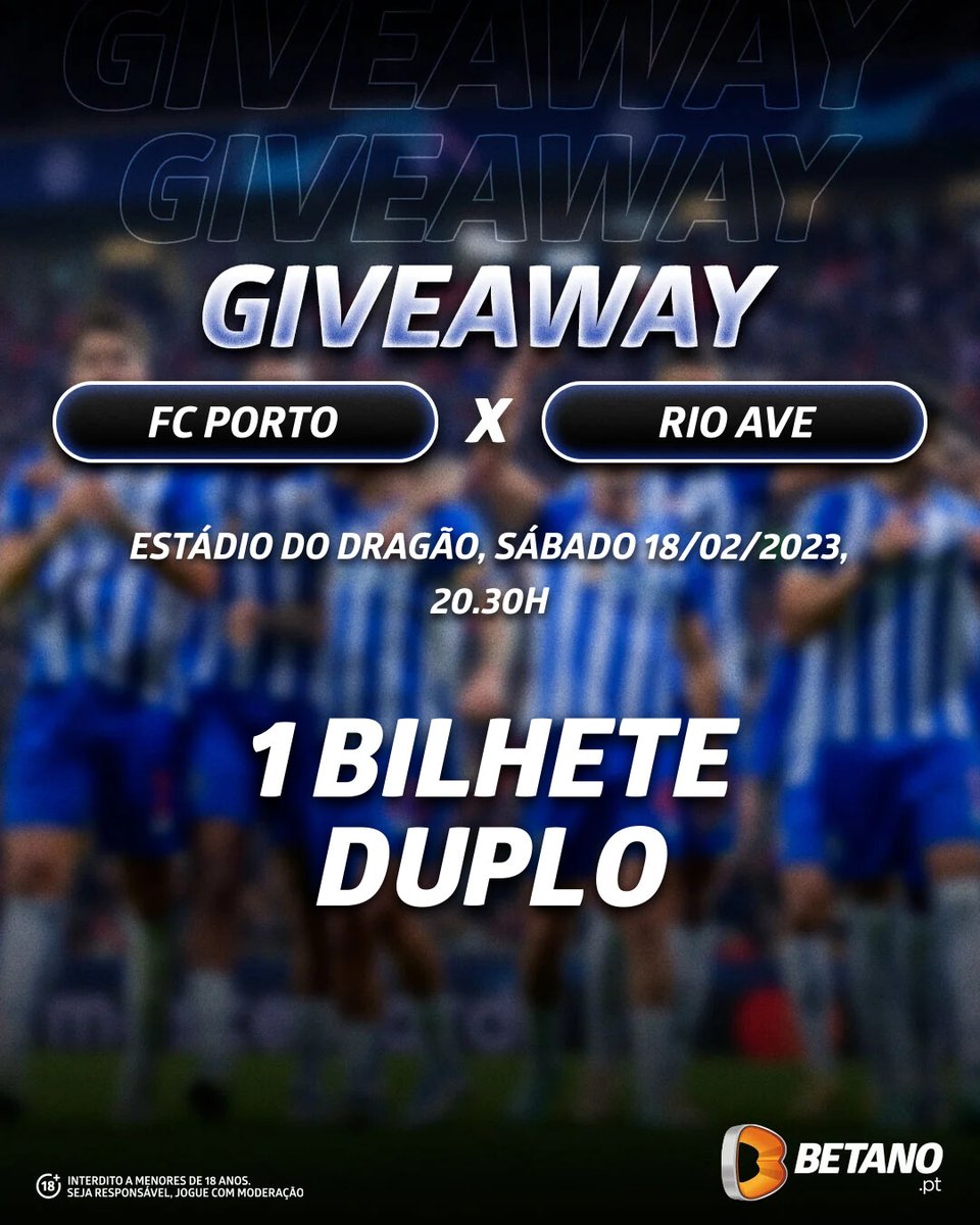 🚨 𝗚𝗜𝗩𝗘𝗔𝗪𝗔𝗬 🚨

A Dragão News e a Betano estão a oferecer 1 𝘽𝙞𝙡𝙝𝙚𝙩𝙚 𝘿𝙪𝙥𝙡𝙤 para o #FCPorto 🆚 Rio Ave! 🤩

Requisitos:
1️⃣ Seguir <a href="/Betano_PT/">Betano Portugal 🔞</a> e <a href="/DragaoNews1893/">Dragão News 🇸🇻</a>
2️⃣ Retweet
3️⃣ Identificar um amigo

⚠️ O sorteio termina dia 17 de Fevereiro, às 20h!