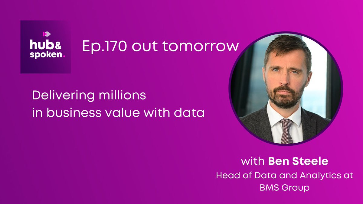 Looking forward to Ep.170 out tomorrow with Ben Steele, Head of Data and Analytics at <a href="/BMSGROUP/">BMS Group</a>. 
<a href="/mrjasonbfoster/">Jason Foster</a> and Ben discuss the importance of predicting value and the role alignment has in being able to create transformational change in a business.