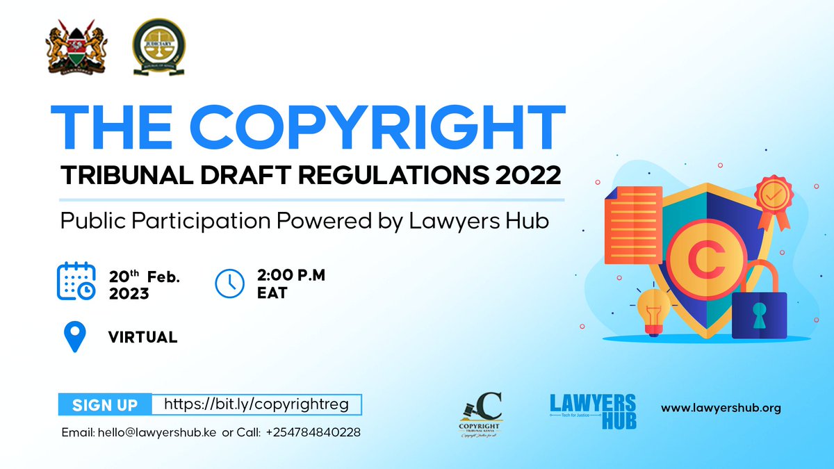 Our first Public Participation event is here. Please register on the below link and join us on 20th February 2023 as we review and discuss the draft regulations. Join us! Karibuni!

lawyershub-org.zoom.us/webinar/regist…

#PublicParticipation #CopyrightLaw #CopyrightTribunal