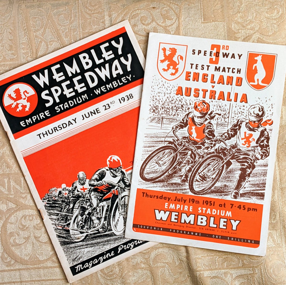 KeithLast5's tweet photo. A couple of #WembleyStadium Speedway programmes from my #SportsMemorabilia collection. The usual good quality programme from pre-war, #Wembley Lions v Belle Vue,  and #EnglandVAustralia from 1951. I'm not a huge #Speedway fan particularly, but I love anything from those eras. https://t.co/OPXHklujID