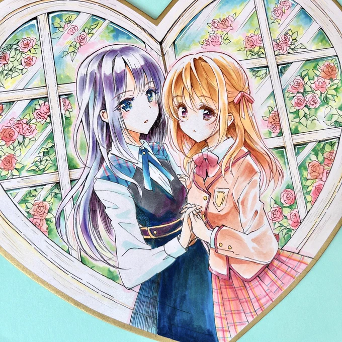 Heart Windowひみつの花園色紙を窓枠に見立てました#コピック #百合 
