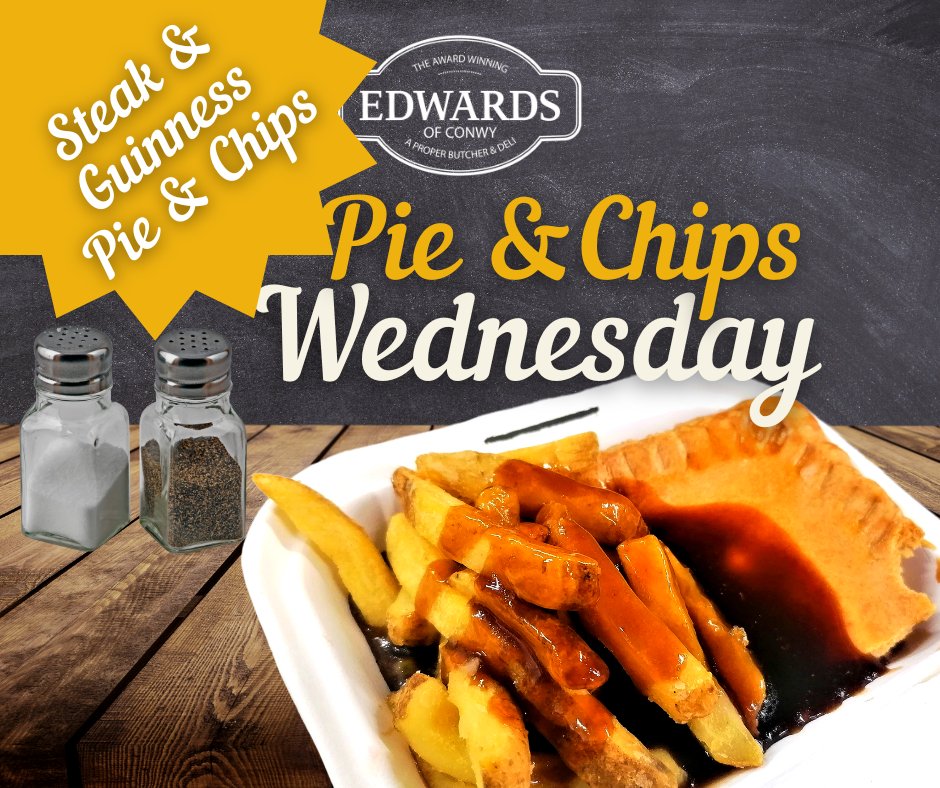 EdwardsofConwy's tweet photo. Bore da! 
Wednesday 15th February 
Hot Food/Bwyd Poeth Heddiw
🍴 Steak &amp; Guinness Pie &amp; Chips
🍴 Welsh Roast Beef
🍴 Cumberland Sausages
🍴 Chinese Chicken Drumsticks
🍴 Soup of the day: Broccoli &amp; Stilton
#lunchtime #PieAndChips #WelshRoastBeef #GotToBeEdwards https://t.co/GUbhl5OkEO