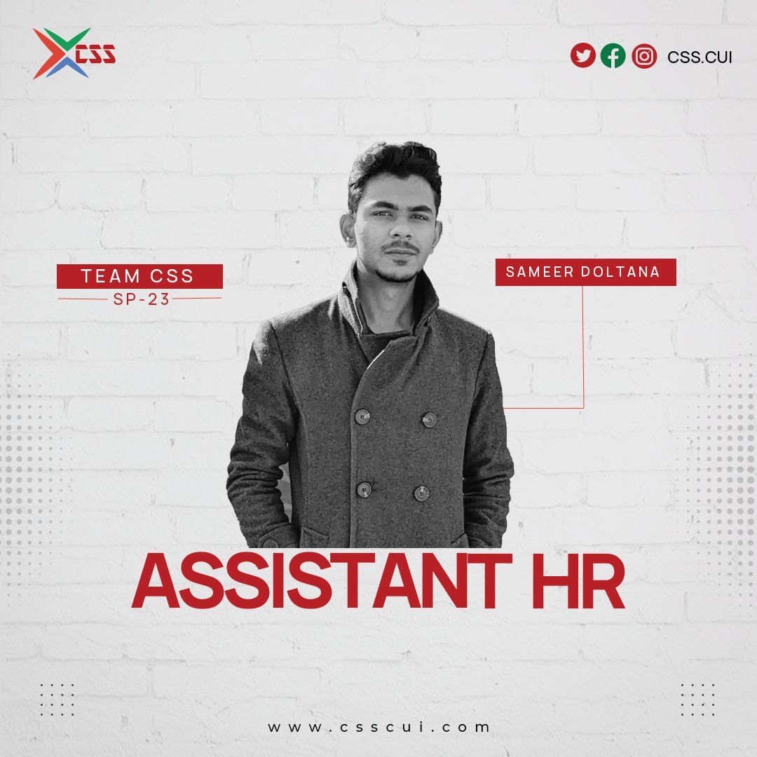 CssCui's tweet photo. CSS is happy to announce its new Assistant HRs Sameer Doltana and Muhammad Rafay. Best of luck for your new role! ✨

Poster Credits: Atiq Abdullah

#promotion #teamcss #csssociety #comsatsislamabad https://t.co/WGkrknsEBI