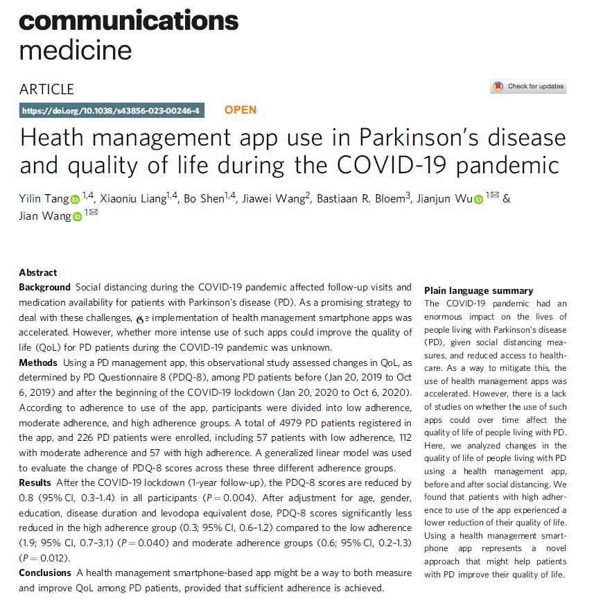 1/2 With colleagues in #China, led by Jian Wang, we evaluated merits of new #smartphone #app to remotely support people with #Parkinson before & during #COVID19 pandemic. Due to social distancing, quality of life decreased but less in persons with best compliance with the app. https://t.co/XgPB4mA2dm