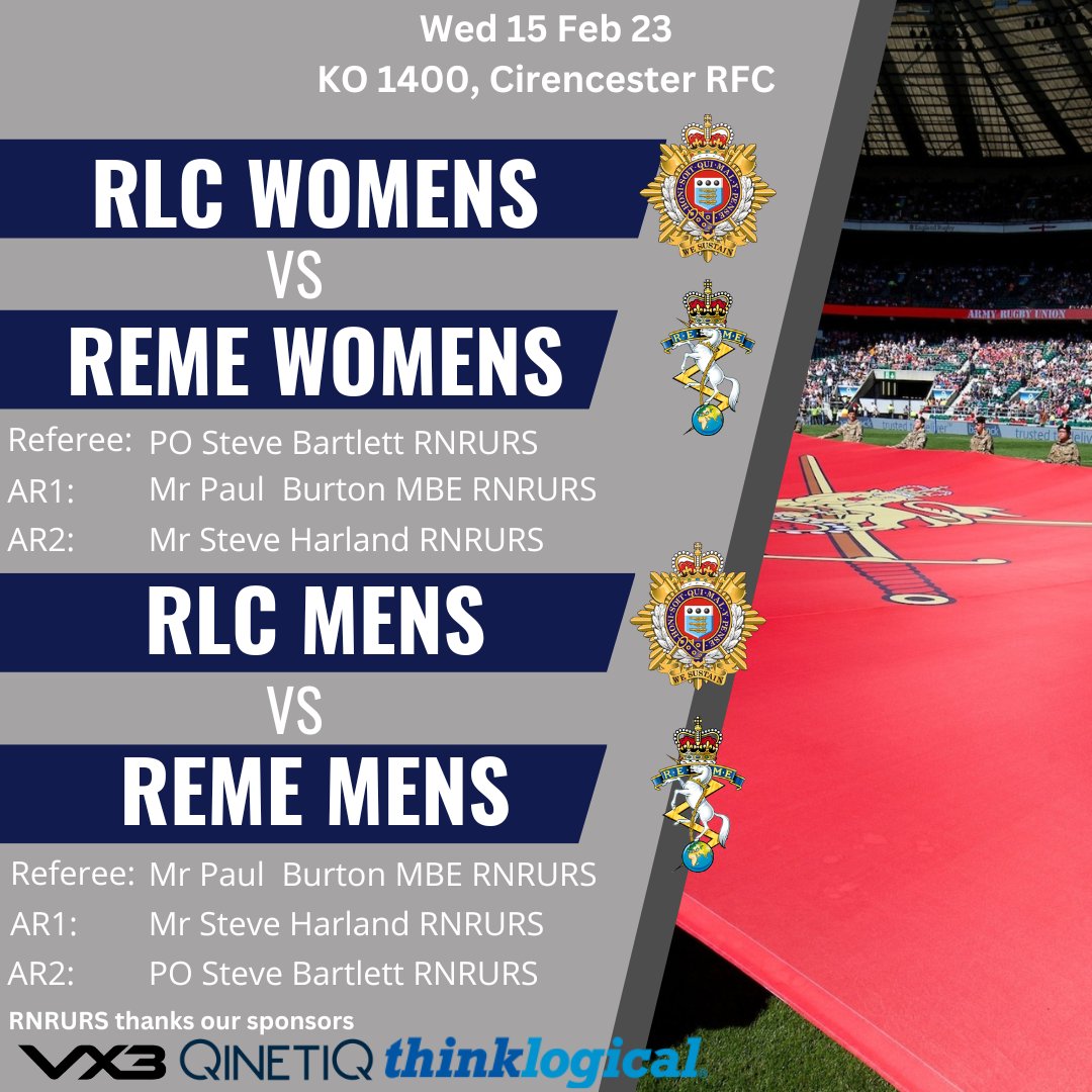 Another busy day for RNRURS referees today.

With a RNRURS To3 doing a back to back outing at <a href="/CirencesterRFC/">CirencesterRFC</a>
For the <a href="/RLCRugbyUnion/">RLC Rugby Union</a>
Vs REME.

Then a RNRURS To3 for <a href="/RAFRugbyUnion/">RAF Rugby Union</a>
Vs British Police.

Finally a <a href="/UKAFRugby/">UK Armed Forces Rugby Union</a>
Mixed To3 for <a href="/RNRugby/">Royal Navy Rugby</a>
Vs <a href="/havantrfc/">Havant Rugby Football Club</a>.
