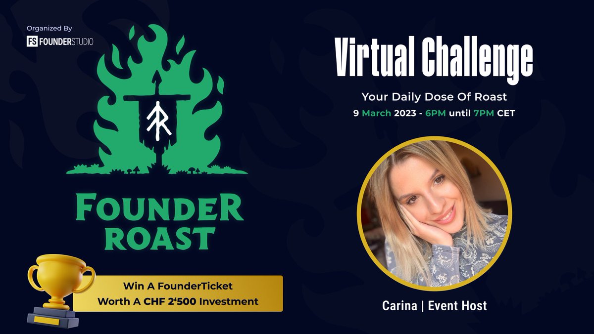 fstudio_io's tweet photo. We are delighted to invite you on our first virtual FounderRoast Event! 

Register on @fstudio_io and get the chance to pitch first! 

And get chance to win your first investment for your startup! 

Event link: https://t.co/FwQo8W5Kvi 

See you there! 🥇

#tweet #EVENT #founders https://t.co/U5X1nTQ5LR