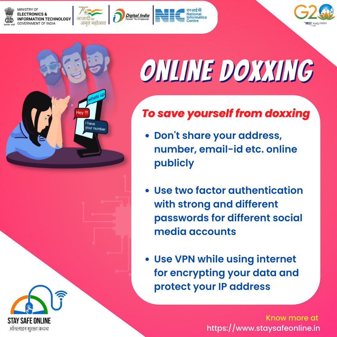 NICMeity's tweet photo. Publishing someone’s information without their consent is doxxing.

If you're affected by Online Doxxing:
 
-Register complaint at the nearest cyber crime police station
-Complain at https://t.co/GcabzGCovI 
-Report to social media account help center

#StaySafeOnline #NICMeitY https://t.co/u1DBWj6gMc