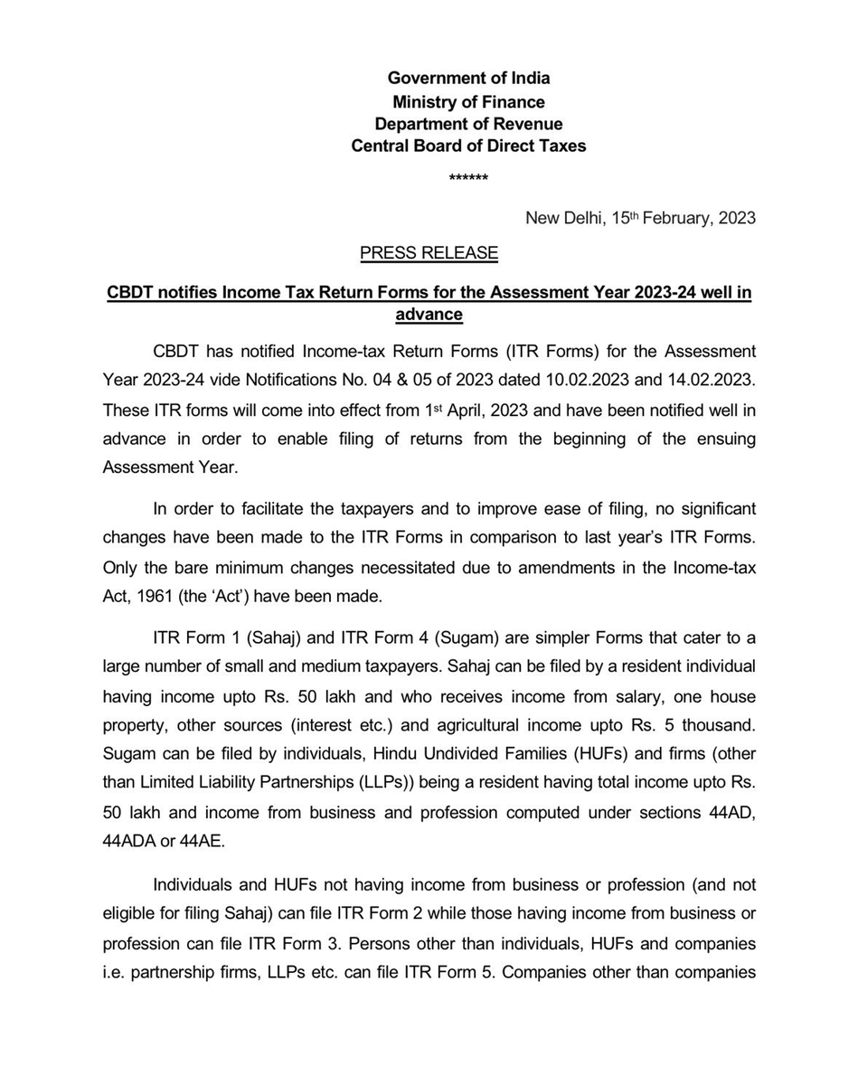 Mr_AbhishekJee's tweet photo. #IncomeTaxAlert: #CBDT has notified Income-tax Return Forms (ITR Forms) for AY 2023-24 vide Notifications No. 04 & 05 of 2023 dtd 10.02.2023 & 14.02.2023. Start filing your returns from the beginning of the new AY for smooth processing. #TaxPlanning #TaxReturns https://t.co/LHZSLEsFNw