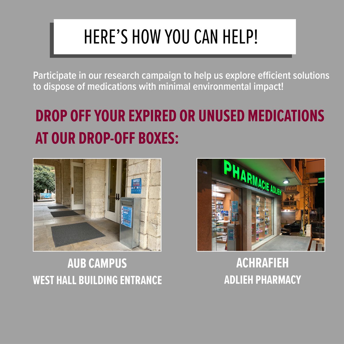 MSFEA_AUB's tweet photo. Do you have expired medications piling up in your medicine cabinet? Don’t throw them in the bin!

Instead, drop off any expired or unused medications at our take-back collection station on campus.
 
📍 #AUB collection bin at the West Hall entrance.
@AUB_Lebanon
#MSFEA #IDPP https://t.co/NFeCM6AlEG