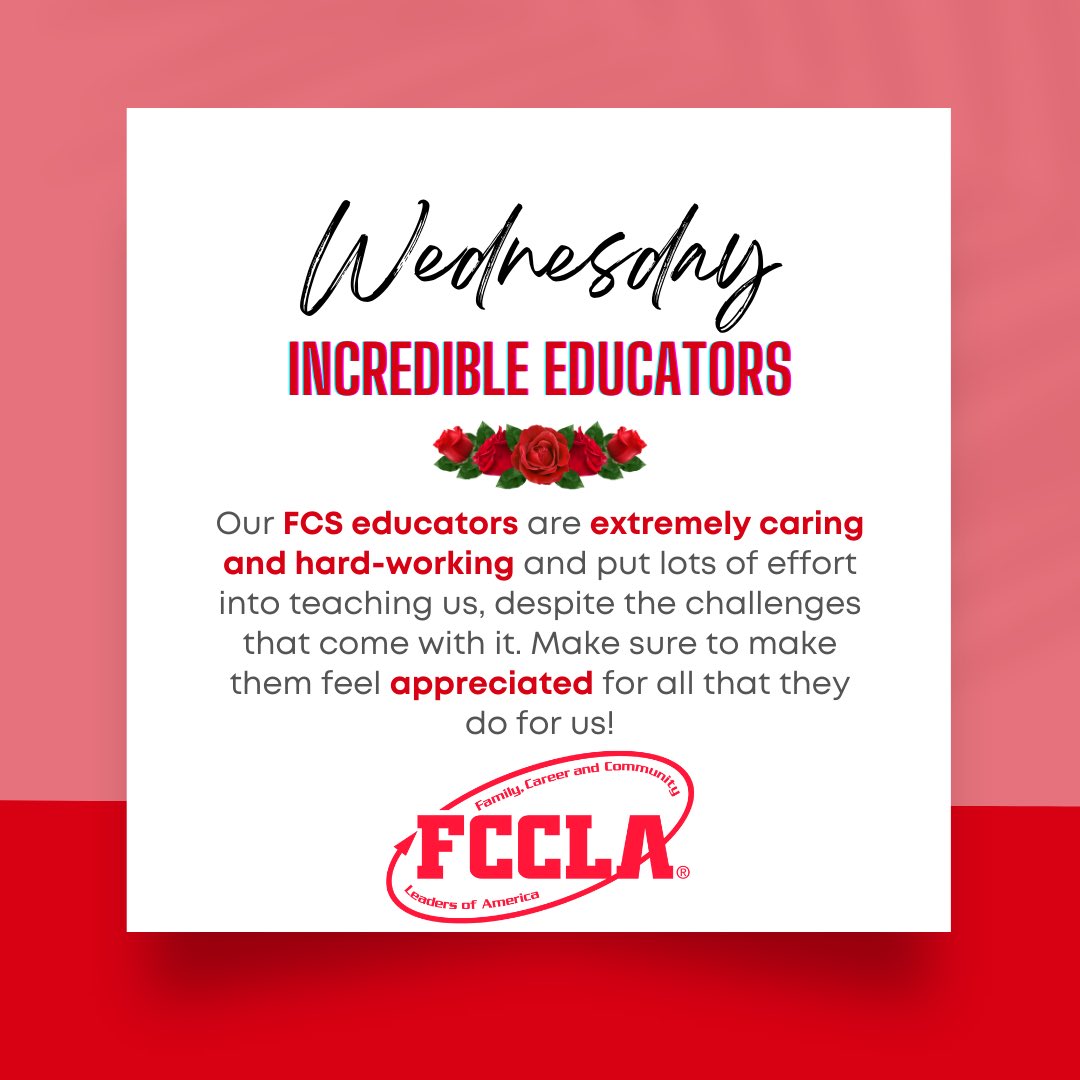 NJ_FCCLA's tweet photo. Happy Wednesday, everyone!

Today, we are recognizing our Incredible Advisers and FCS teachers! We would not be who we are without our advisers, who provide guidance and support to our members and initiatives on a daily basis. ❤️

What are you doing to celebrate educators? https://t.co/aowTdcWaRz