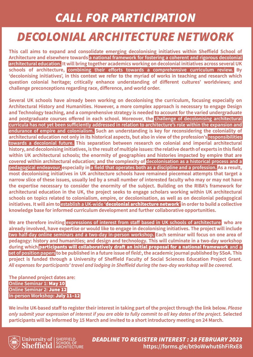 #CallForParticipation If you are UK based Architecture Staff, join the Decolonial Architecture Network, hosted by @SSoA_news! They hope to bring together efforts to decolonise architecture curricula towards a common framework. Contact: @yasminachami. See: ahra-architecture.org/events/call-fo…