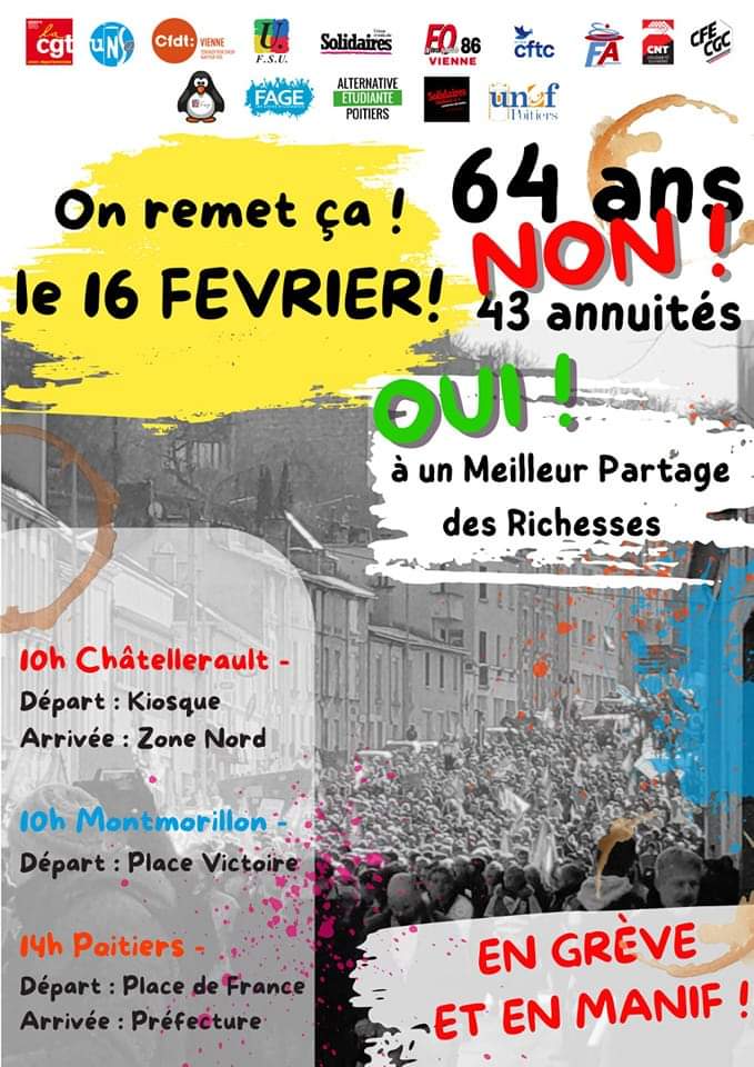 CntSo86's tweet image. Le 16 février on remet ça à #Montmorillon, à #Châtellerault et à #Poitiers ✊ 

Pas de négociation, pas d'amendement, pas de pédagogie parce que cette #ReformesDesRetraites c'est NON !