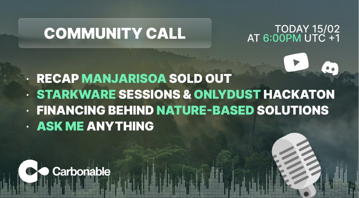 Carbonable_io's tweet photo. 📢 Reminder Alert! Join the Community Call Today and stay up-to-date with the latest Carbonable news and developments! 💚 Last Mint, 🌍 @StarkWare Sessions & @OnlyDust_xyz, 🚀hackathon, and more! 🗓️ Today 6pm UTC+1. Don't miss it! #Carbonable #CommunityCall https://t.co/RajXxw0Frc