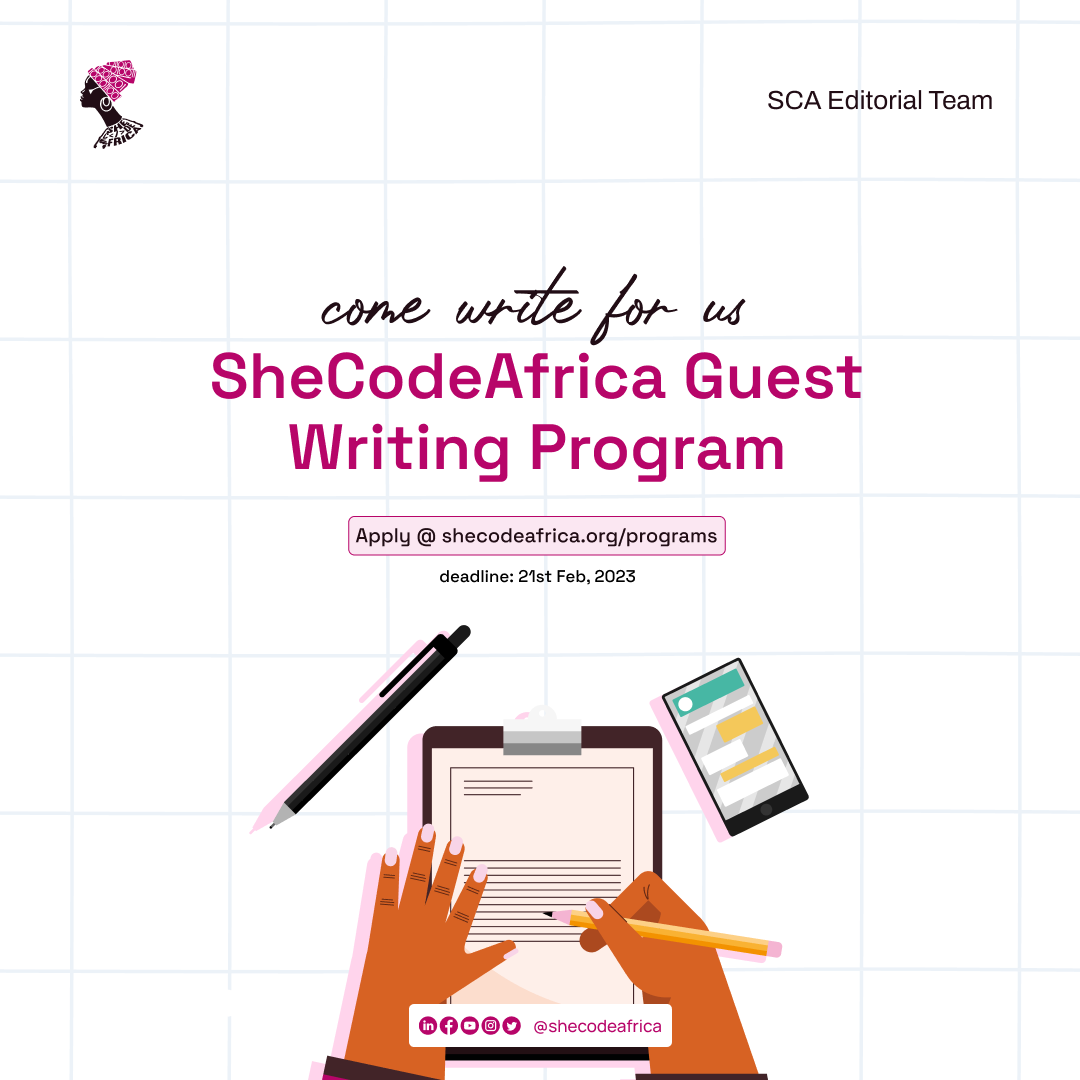 SheCodeAfrica's tweet photo. Hey Queen,
We want your voice to be heard!
Join our guest writing program and let’s create some magic together✨
Let’s break barriers and inspire the world, one article at a time
🔗-https://t.co/ZOoQ8TfQVZ
⏳- 22nd February 2023
#SCAguestwritingprogram #SCA #shecodeafrica https://t.co/ZzUsVx9hVj
