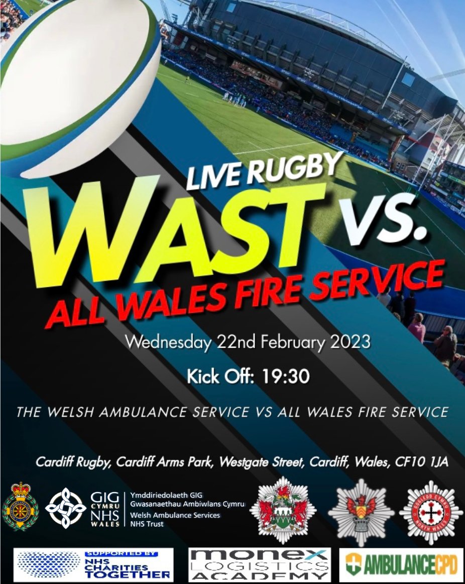 WelshAmbulance's tweet photo. The Welsh Ambulance Service’s rugby team are taking on an All Wales Fire Service team next week.

Join #TeamWAST, @SWFireandRescue, @mawwfire and @NorthWalesFire on 22 February at 7:30pm at Cardiff Arms Park. https://t.co/ikjYwvlFZJ