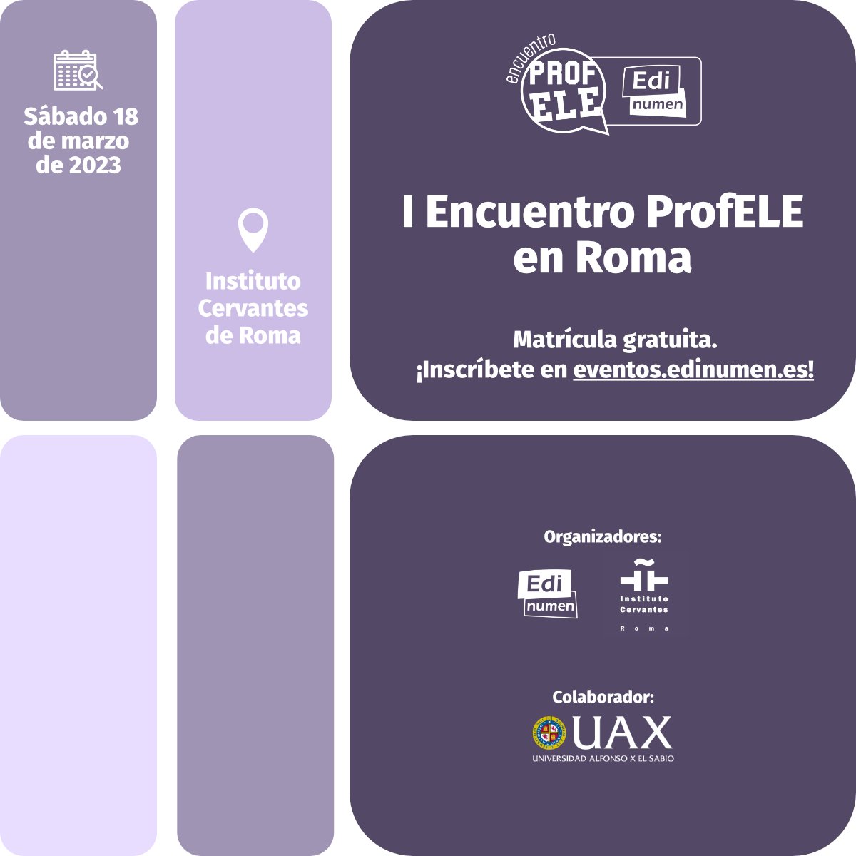 Instituto Cervantes Roma (@romacervantes) on Twitter photo Si eres profesor de español y estás en Italia, no puedes perderte el I encuentro para Profesores ELE de la editorial <a href="/Edinumen/">Editorial Edinumen</a>.
Sábado 18 de marzo a partir de las 9 te esperan en p. Navona 91. ¡Inscríbete, es gratis!
eventos.edinumen.es/eventos/i-encu… Si eres profesor de español y estás en Italia, no puedes perderte el I encuentro para Profesores ELE de la editorial <a href="/Edinumen/">Editorial Edinumen</a>.
Sábado 18 de marzo a partir de las 9 te esperan en p. Navona 91. ¡Inscríbete, es gratis!
eventos.edinumen.es/eventos/i-encu…