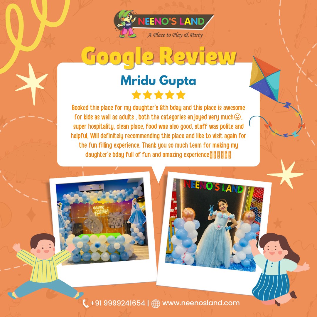 Thankyou to the parents for such a wonderful review, we are glad to host you. This is what keeps us going.

#neenosland #neenoslandindia #indirapuram #noida #kidsplayzone #kidsplayareat #cafe #kidsbirthday #birthdayideasforkids #birthdaypartykids #birthdaygiftideasforkids