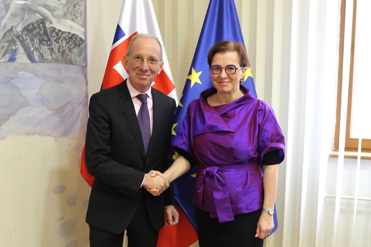 GreeceinSK's tweet photo. Yesterday the Ambassador of Greece to Slovakia, Mr. Athanasios Ioannou, was received by the State Secretary of the Ministry of Foreign and European Affairs of the Slovak Republic, Ms. Ingrid Brocková. The meeting focused on the further enhancement of our economic relations. https://t.co/JyaPzSJTdB