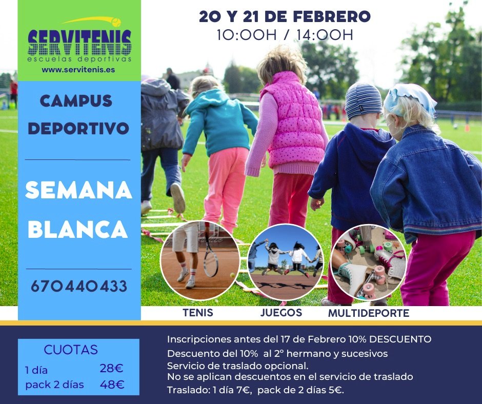 Reservas antes del viernes 17-Febrero: 10%dto.
Instalaciones al aire libre o cubiertas según previsión del tiempo. 
Información y reservas ℹ️ 
670 440 433
