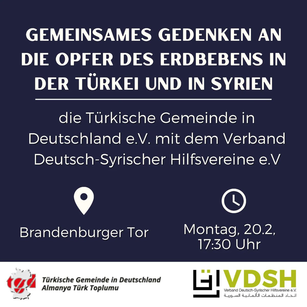 Gemeinsam mit dem <a href="/vdsh_berlin/">Verband Deutsch-Syrischer Hilfsvereine e.V.</a> möchten wir am 20. Februar ab 17:30 Uhr den Opfern der Erdbeben in der Türkei und in Syrien gedenken. Wir freuen uns, dass u.a.  Bundespräsident Frank-Walter Steinmeier eine Rede halten wird. Weitere Redner*innen findet ihr im Thread 🧵.