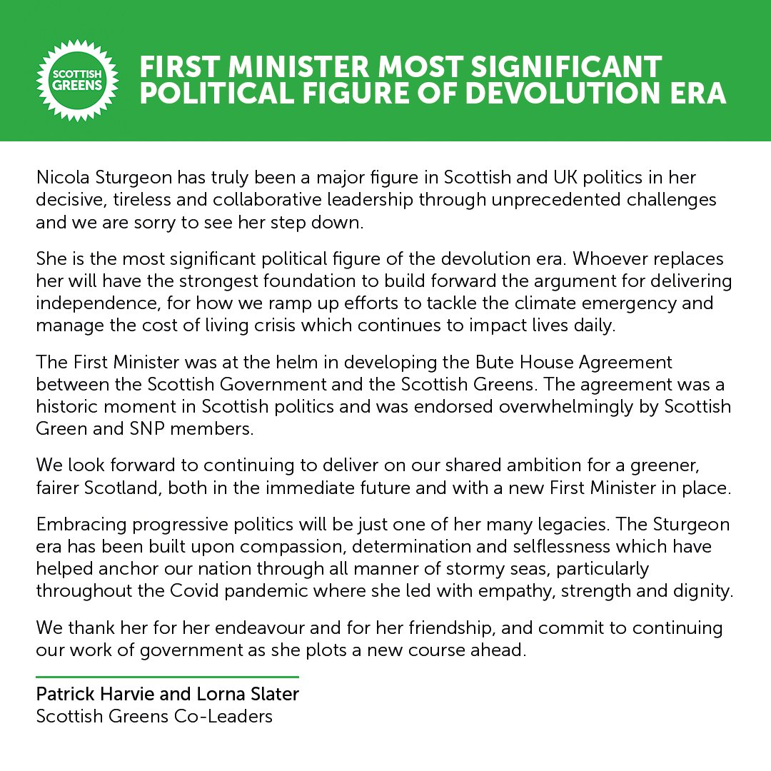 scottishgreens's tweet photo. Nicola Sturgeon has truly been a major figure in Scottish and UK politics.

A statement on her resignation from Scottish Green co-leaders @patrickharvie and @lornaslater.

https://t.co/m8uRayiI6a https://t.co/VUWDektSPR