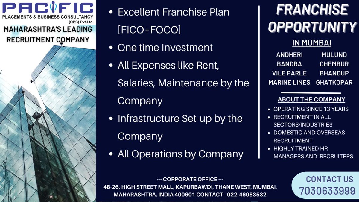 ppbc_hr's tweet photo. #paceficplacementsbusinessconsultancy#Franchise #opportunity #incom #thane #mumbai #vashi #vileparle #NaviMumbai @hr_ppbc @HrPpbc @Dipti_Pacific @ppbcthaneR Contact no- 7030633999 #bestincomesource https://t.co/1he215wJDO