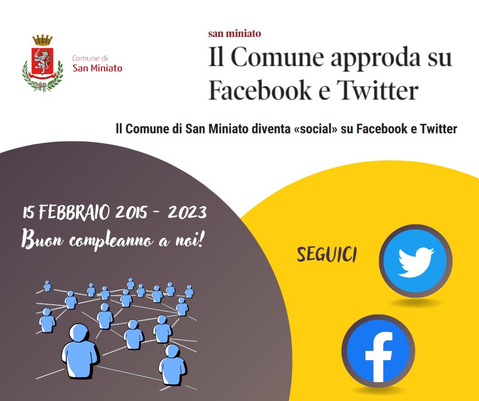 ComuneSMiniato's tweet photo. #15febbraio La nostra pagina Facebook e il nostro account Twitter oggi compiono 8 anni🙂 Buon compleanno a noi 🥂🎂

#sanminiato #socialmedia #facebook #twitter https://t.co/me7svHhlwL