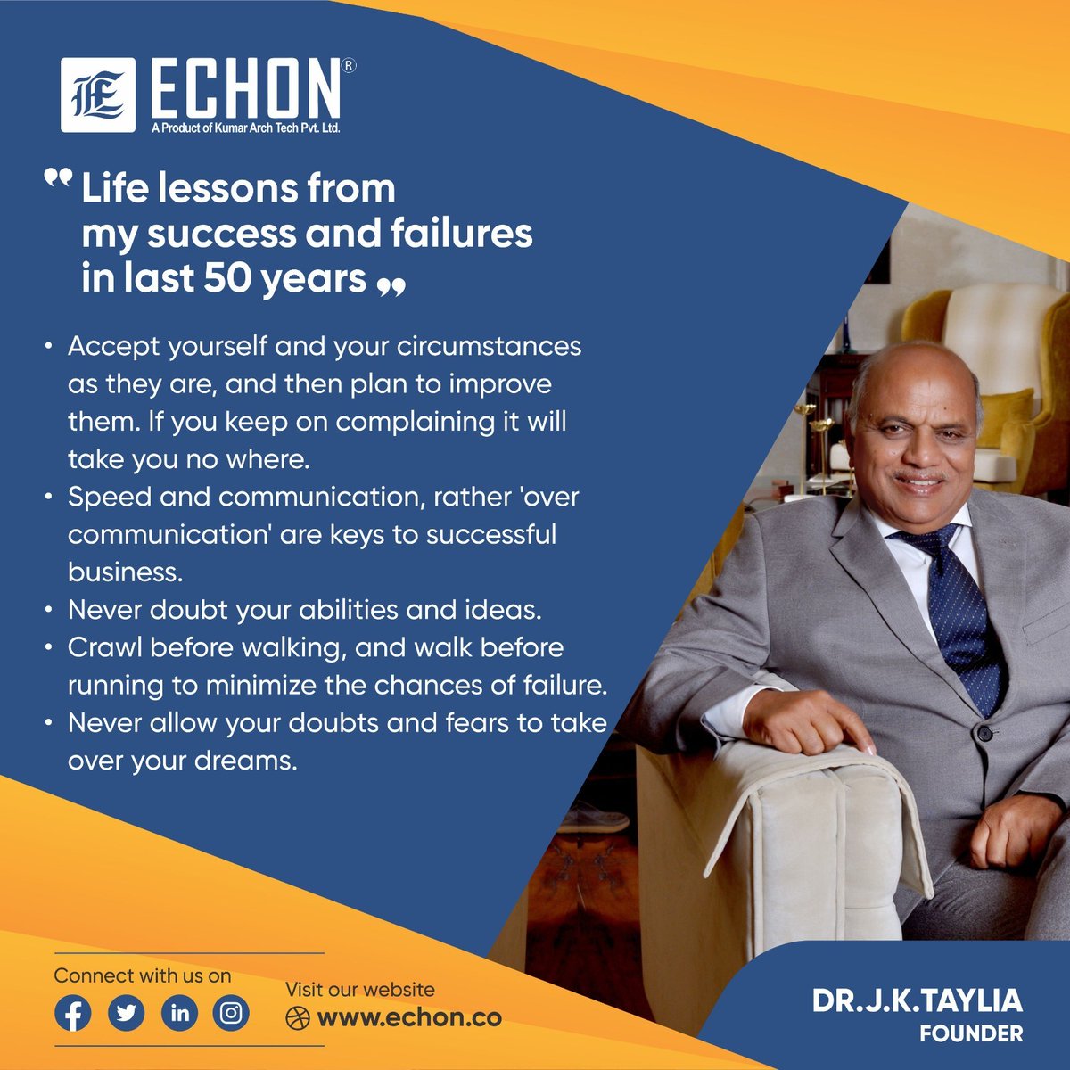 echon_india's tweet photo. "Life lessons from my success and failures in last 50 years" by Dr. J.K. Taylia @jktaylia
.
.
.
.
#echon #lifelessons #udaipur #udaipurdiaries #udaipurblog #udaipurtimes #motivation #motivational #inspiration #motivationalquotes #inspirationalquotes #udaipurnews https://t.co/1zn0K6x6Zy