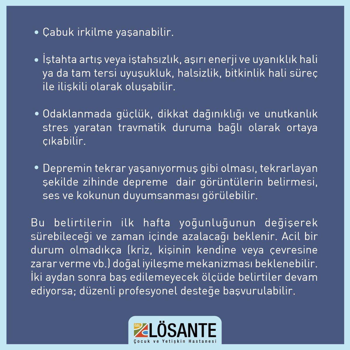 losante's tweet photo. Deprem Sonrası Psikolojik Tepkiler ➡️

#losante #deprem #depremsonrasıpsikoloji #birlikteiyileşeceğiz https://t.co/raLlIWQFiW