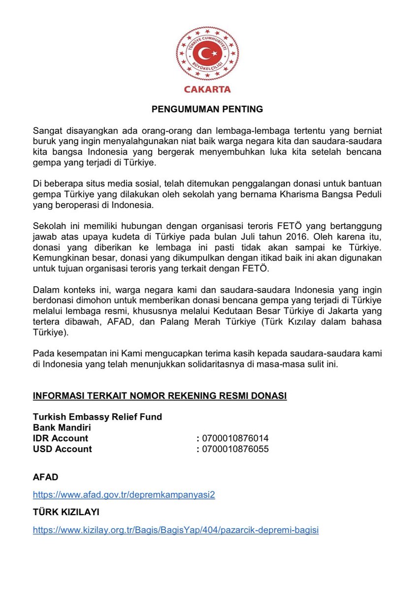 Coba pada ingat ingat, ada yang nyumbang ke “Kharisma Bangsa Peduli” ga, jika ada kamu sudah ikut menyumbang k organisasi teroris turky😌

Silahkan sebarkan surat pemberitahuan ini, dg kamu menyebarkan surat pemberitahuan ini berarti kamu membantu melawan organisasi teroris🙏🥳⚡️