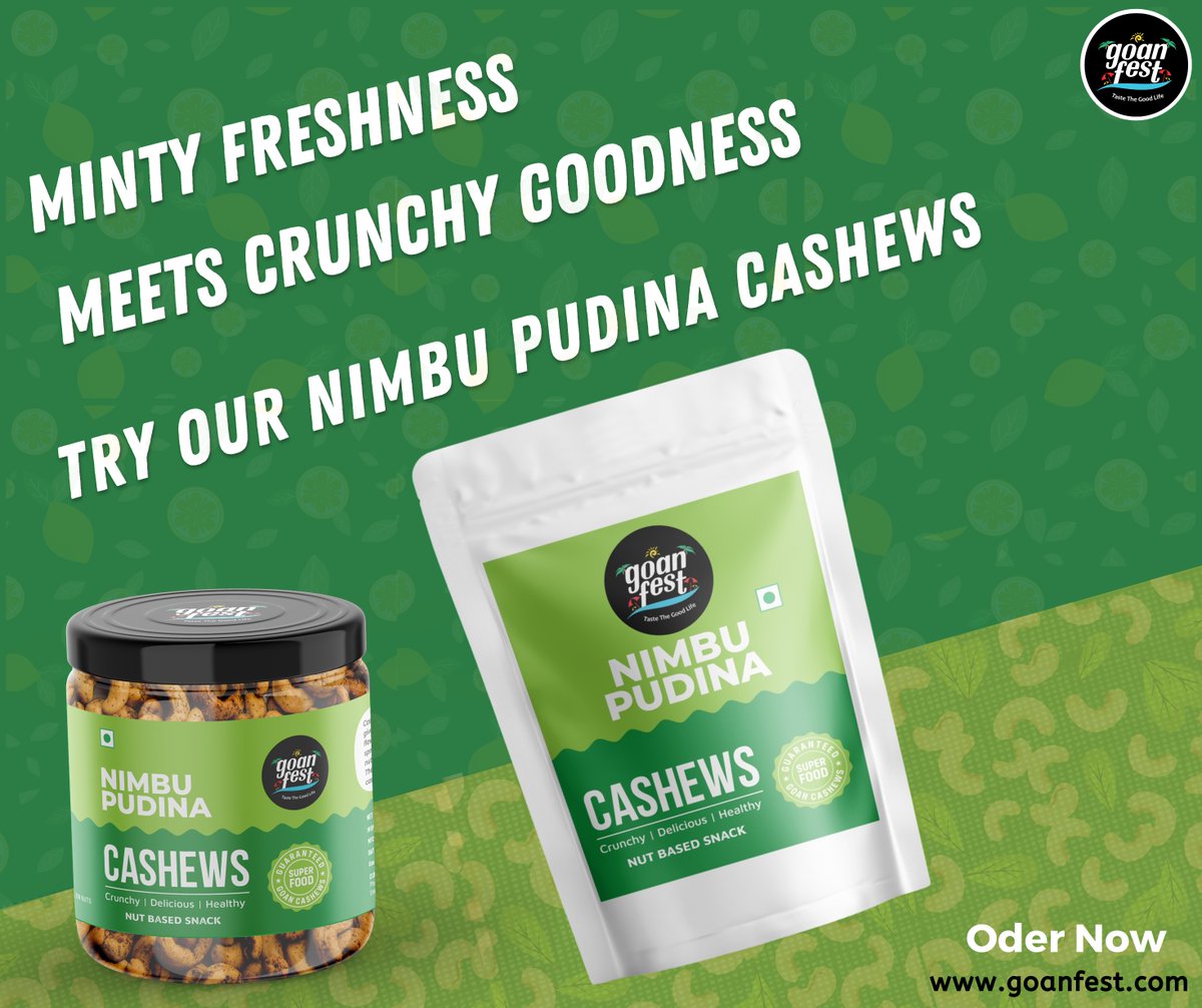 GoanFest's tweet photo. Nutrients,Crunchy, zesty, and totally addictive! 
Our Nimbu Pudina Cashews are the perfect snack for any occasion. 
#Goanfest #NimbuPudinaCashews #Vegan #Mintyflavour #RoastedSeasoned
Order Now : https://t.co/R39m0KZtne https://t.co/0rdXpvu5xd