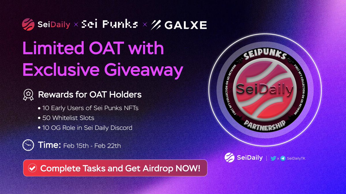 Sei Daily x Sei Punks NFTs Official Partnership Giveaway 🔥

➡️ COMPLETE TASK &amp; GET AIRDROP HERE: 
galxe.com/Seidaily/campa…

OAT Holders are eligible to earn:👇
1️⃣ 10 Early Users slots
2️⃣ 50 Whitelist Slots
3️⃣ 10 OG Roles in Sei Daily Discord

Like and Quote Tweet your Crew3 ID ❤️