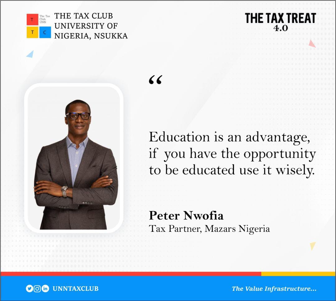 Unntaxclub's tweet photo. Nuggets from Mr. Peter Nwofia in the just concluded Tax Treat 4.0
Thank you Sir, for such an insightful session ๐ซ
#taxclu
#ttcunn
#taxtreat
#valueinfrastructure
#Finance https://t.co/EvhbFOnBCJ
