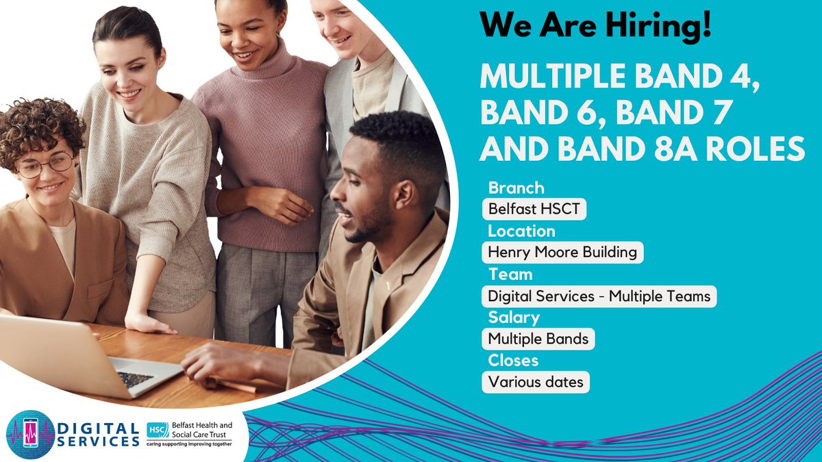 We are recruiting for multiple roles across Band 4, Band 6, Band 7 and Band 8a to join @BelfastTrust Digital Services.

Each role will require a unique application and the closure dates vary.

Be Proud, Be Part of It.

#DigitalServices #BelfastTrust #BelfastJobs
